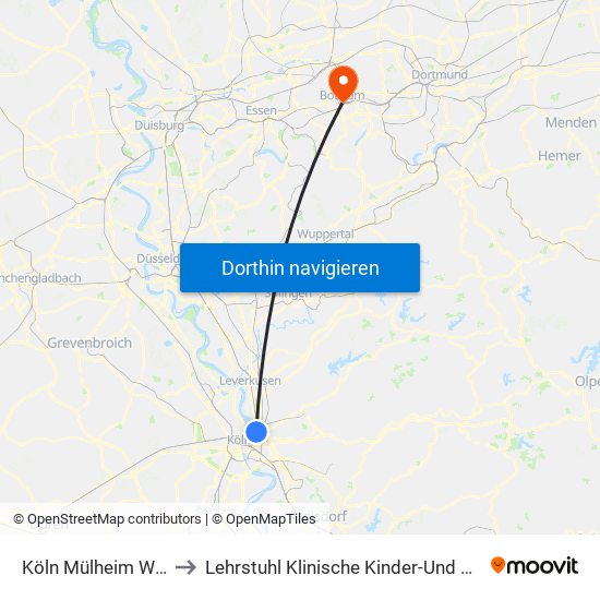 Köln Mülheim Wiener Platz to Lehrstuhl Klinische Kinder-Und Jugendpsychologie map