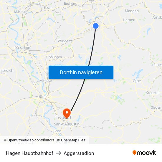 Hagen Hauptbahnhof to Aggerstadion map