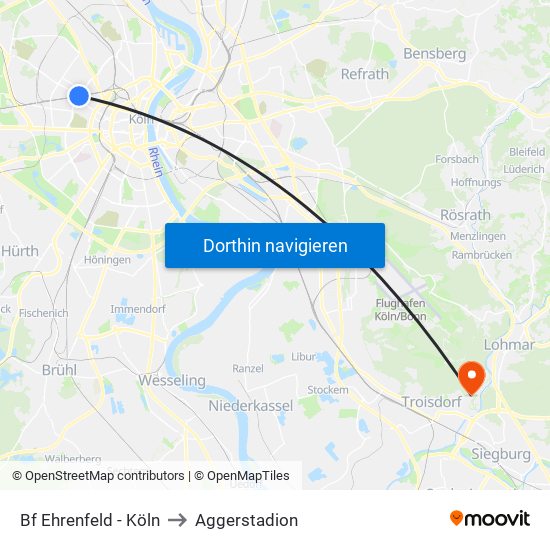 Bf Ehrenfeld - Köln to Aggerstadion map