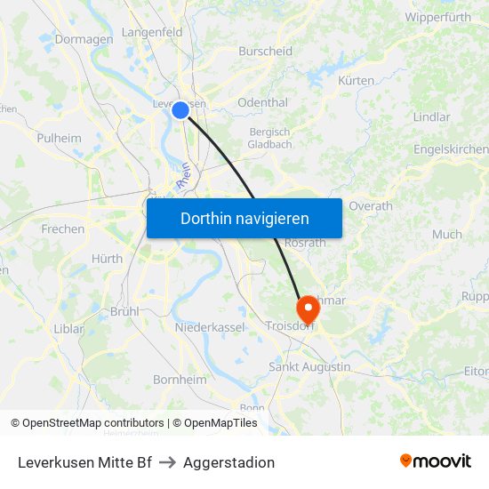 Leverkusen Mitte Bf to Aggerstadion map