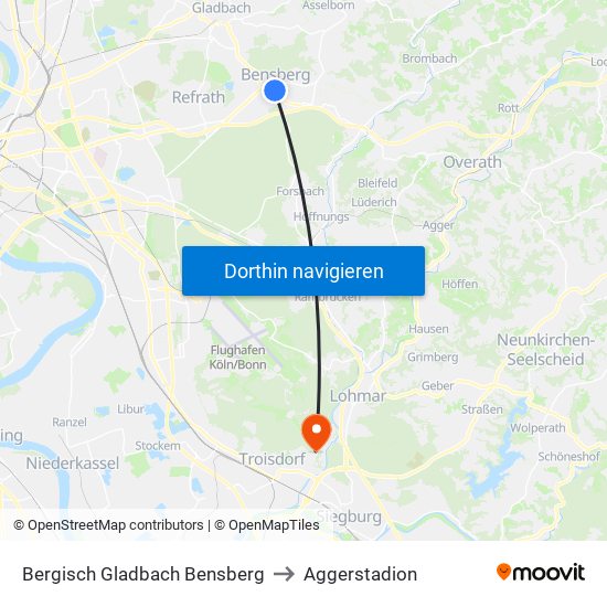 Bergisch Gladbach Bensberg to Aggerstadion map