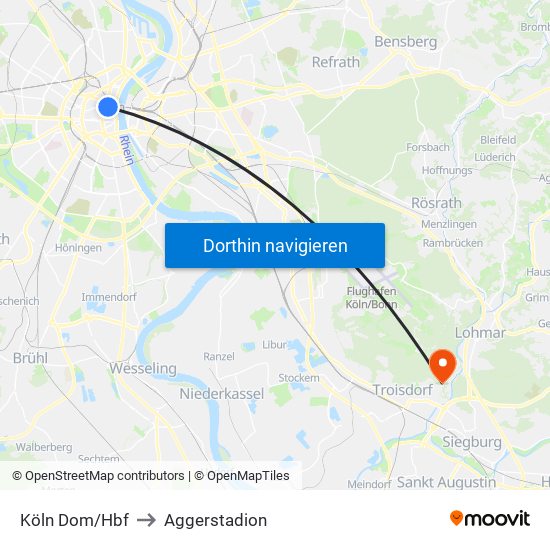 Köln Dom/Hbf to Aggerstadion map