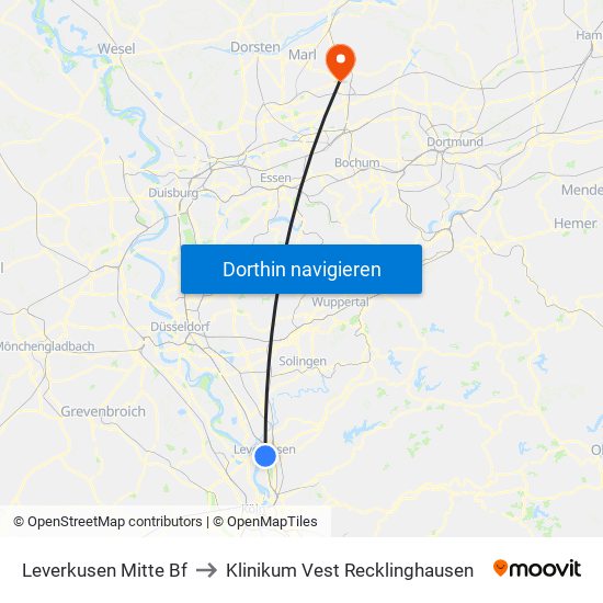 Leverkusen Mitte Bf to Klinikum Vest Recklinghausen map