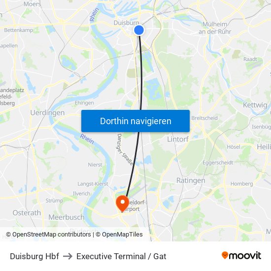 Duisburg Hbf to Executive Terminal / Gat map