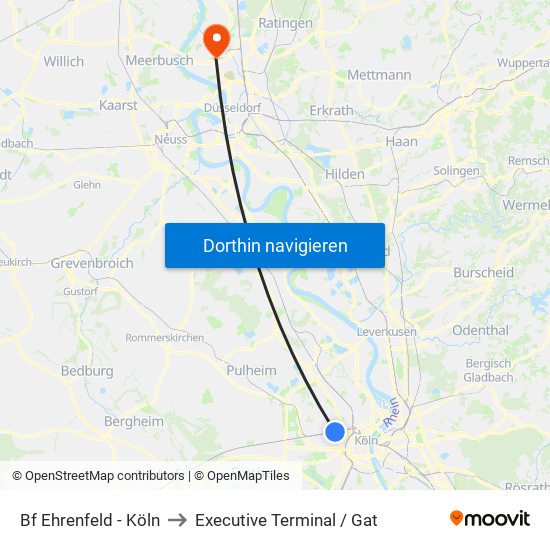 Bf Ehrenfeld - Köln to Executive Terminal / Gat map