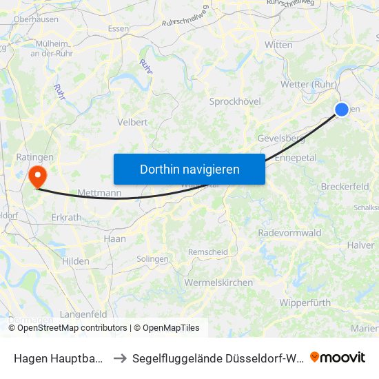 Hagen Hauptbahnhof to Segelfluggelände Düsseldorf-Wolfsaap map