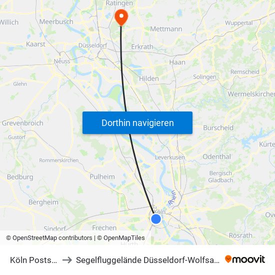 Köln Poststr. to Segelfluggelände Düsseldorf-Wolfsaap map