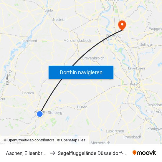 Aachen, Elisenbrunnen to Segelfluggelände Düsseldorf-Wolfsaap map