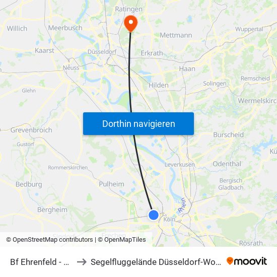 Bf Ehrenfeld - Köln to Segelfluggelände Düsseldorf-Wolfsaap map