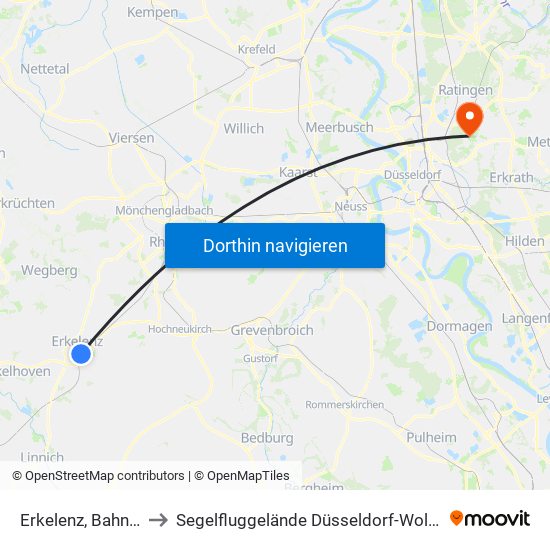 Erkelenz, Bahnhof to Segelfluggelände Düsseldorf-Wolfsaap map