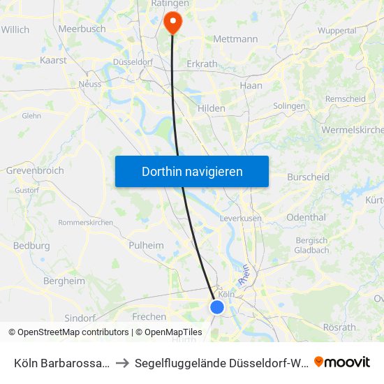 Köln Barbarossaplatz to Segelfluggelände Düsseldorf-Wolfsaap map