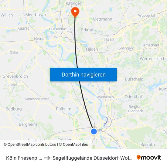 Köln Friesenplatz to Segelfluggelände Düsseldorf-Wolfsaap map