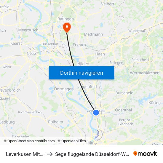 Leverkusen Mitte Bf to Segelfluggelände Düsseldorf-Wolfsaap map