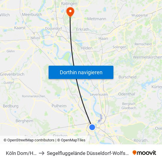 Köln Dom/Hbf to Segelfluggelände Düsseldorf-Wolfsaap map