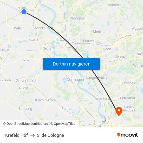 Krefeld Hbf to Slide Cologne map