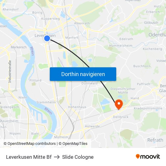 Leverkusen Mitte Bf to Slide Cologne map