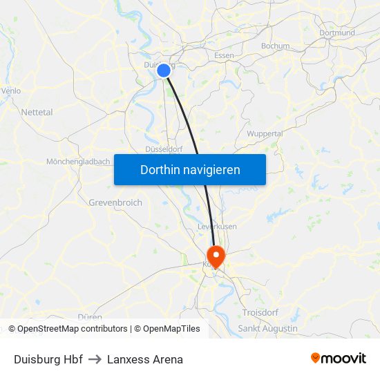 Duisburg Hbf to Lanxess Arena map