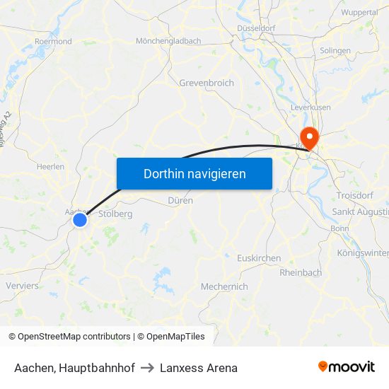 Aachen, Hauptbahnhof to Lanxess Arena map