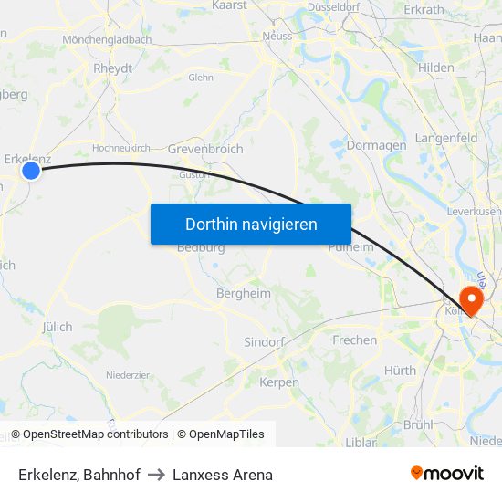 Erkelenz, Bahnhof to Lanxess Arena map