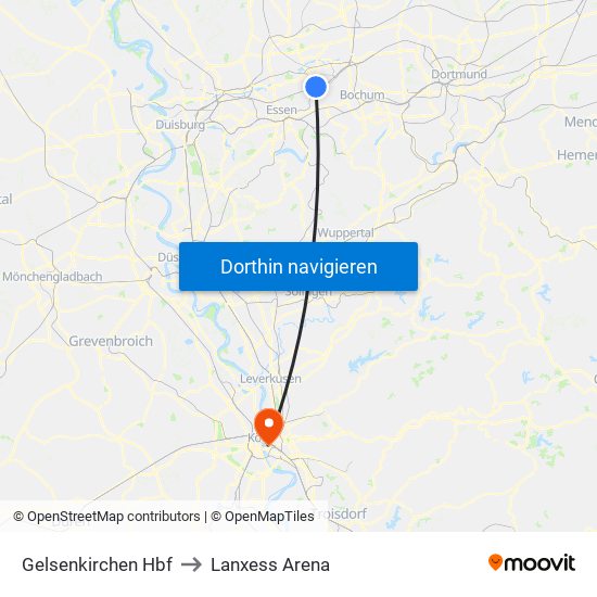 Gelsenkirchen Hbf to Lanxess Arena map