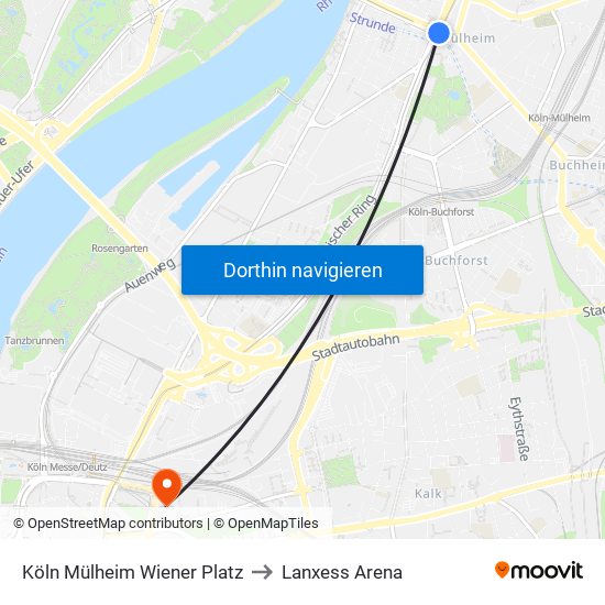 Köln Mülheim Wiener Platz to Lanxess Arena map