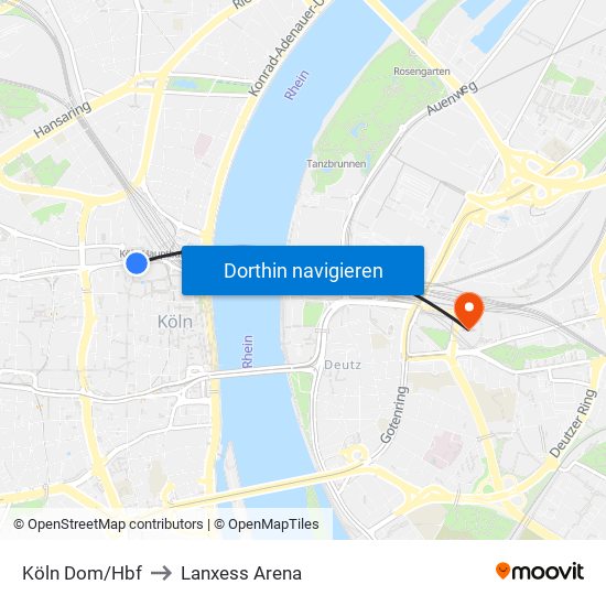 Köln Dom/Hbf to Lanxess Arena map