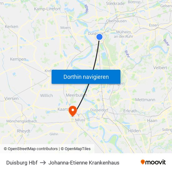 Duisburg Hbf to Johanna-Etienne Krankenhaus map