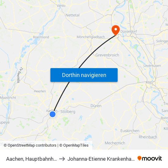 Aachen, Hauptbahnhof to Johanna-Etienne Krankenhaus map