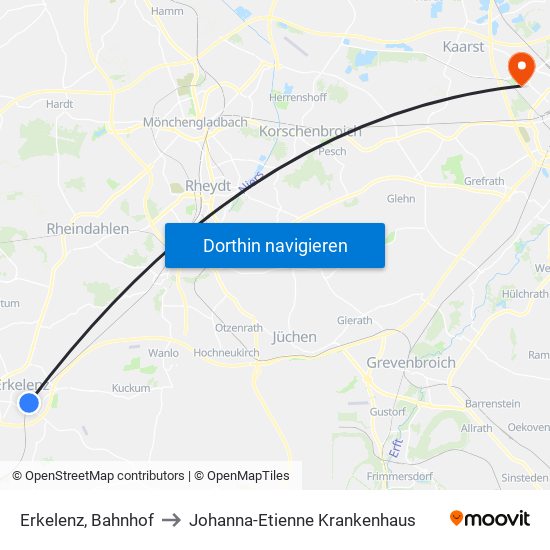 Erkelenz, Bahnhof to Johanna-Etienne Krankenhaus map