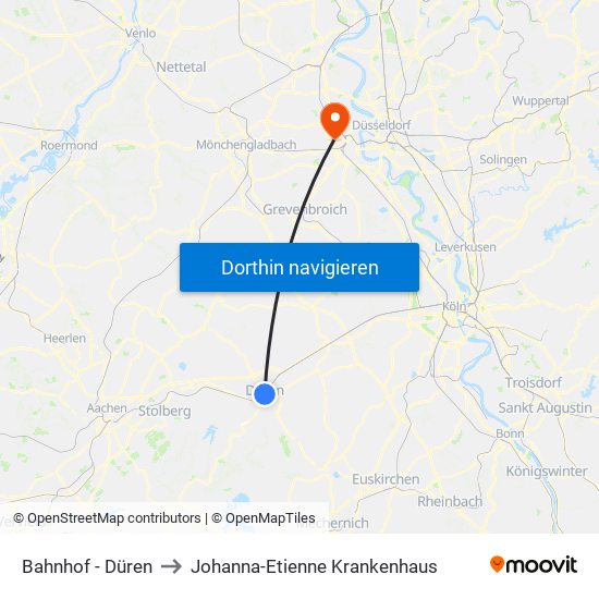 Bahnhof - Düren to Johanna-Etienne Krankenhaus map