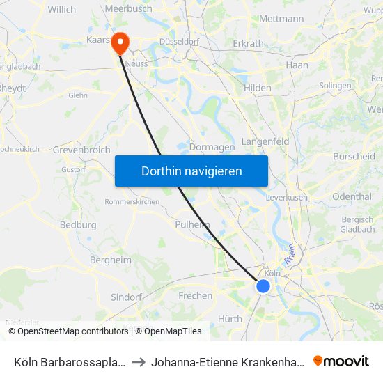 Köln Barbarossaplatz to Johanna-Etienne Krankenhaus map