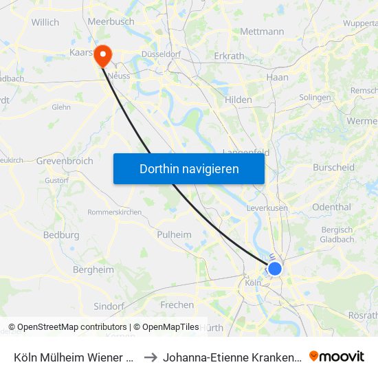 Köln Mülheim Wiener Platz to Johanna-Etienne Krankenhaus map