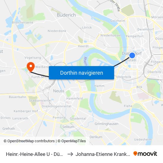 Heinr.-Heine-Allee U - Düsseldorf to Johanna-Etienne Krankenhaus map