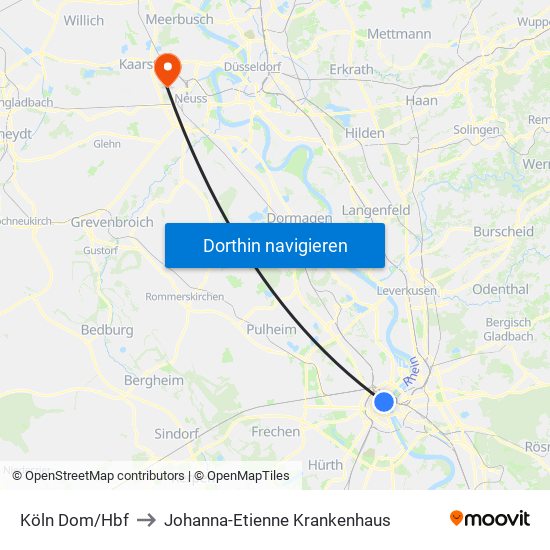 Köln Dom/Hbf to Johanna-Etienne Krankenhaus map
