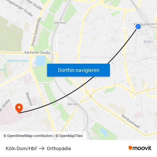 Köln Dom/Hbf to Orthopädie map