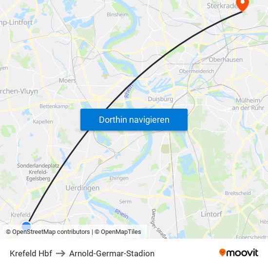 Krefeld Hbf to Arnold-Germar-Stadion map