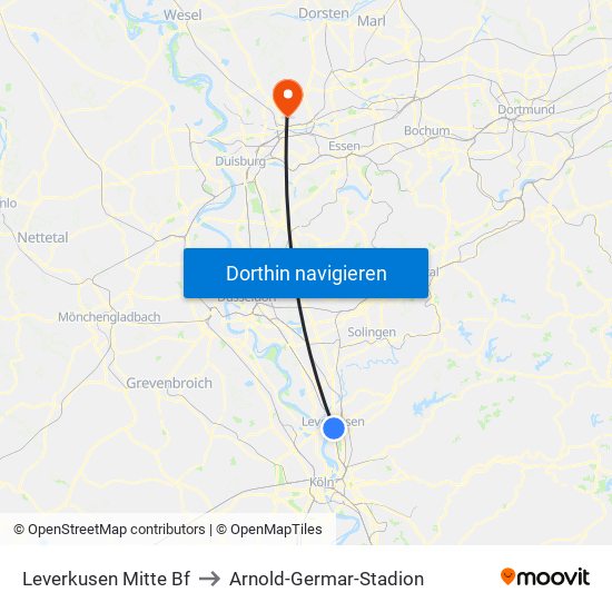 Leverkusen Mitte Bf to Arnold-Germar-Stadion map