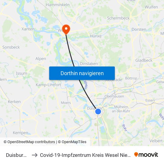 Duisburg Hbf to Covid-19-Impfzentrum Kreis Wesel Niederrheinhalle map