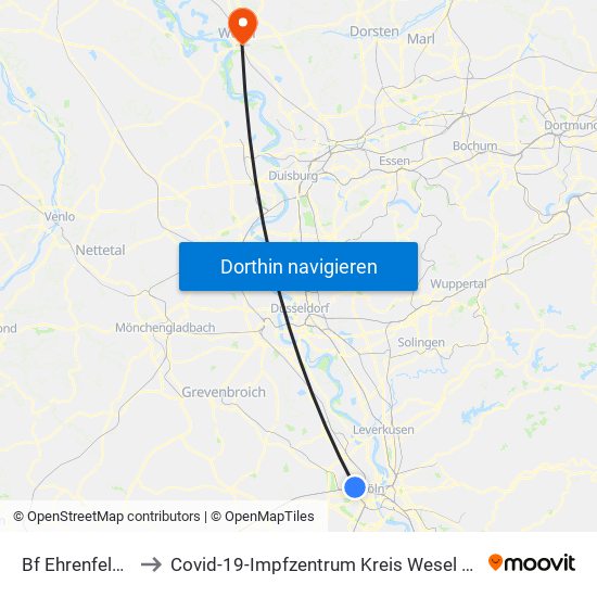 Bf Ehrenfeld - Köln to Covid-19-Impfzentrum Kreis Wesel Niederrheinhalle map