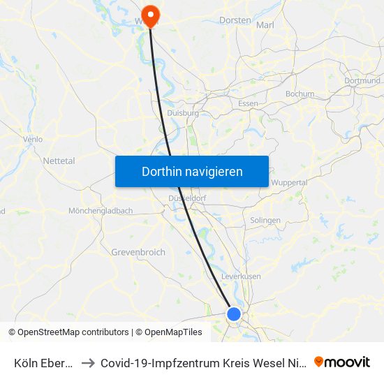 Köln Ebertplatz to Covid-19-Impfzentrum Kreis Wesel Niederrheinhalle map