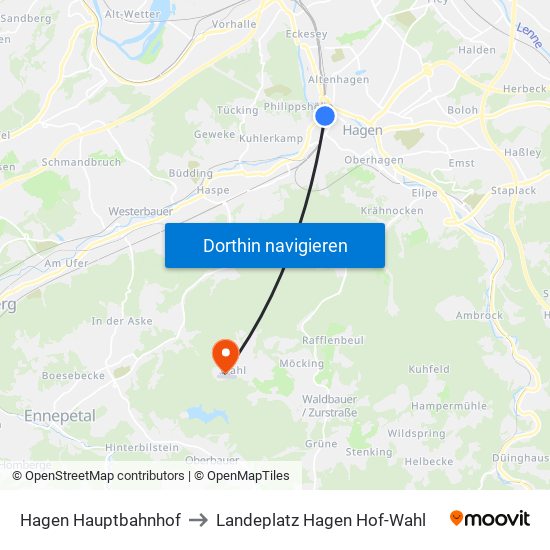 Hagen Hauptbahnhof to Landeplatz Hagen Hof-Wahl map