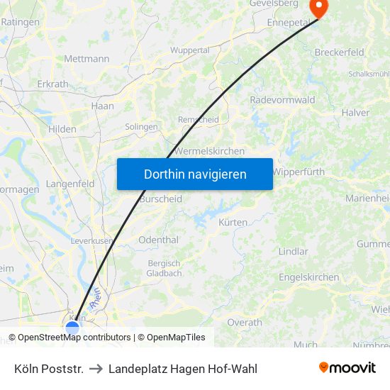 Köln Poststr. to Landeplatz Hagen Hof-Wahl map