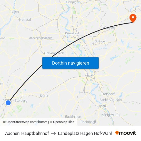 Aachen, Hauptbahnhof to Landeplatz Hagen Hof-Wahl map