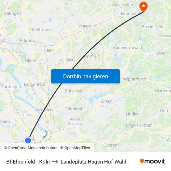 Bf Ehrenfeld - Köln to Landeplatz Hagen Hof-Wahl map