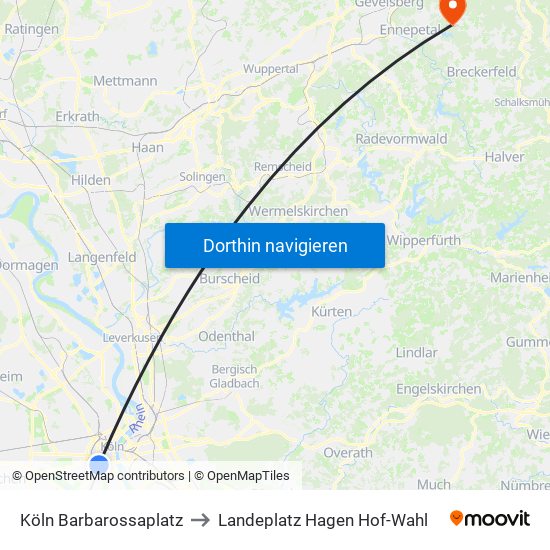 Köln Barbarossaplatz to Landeplatz Hagen Hof-Wahl map