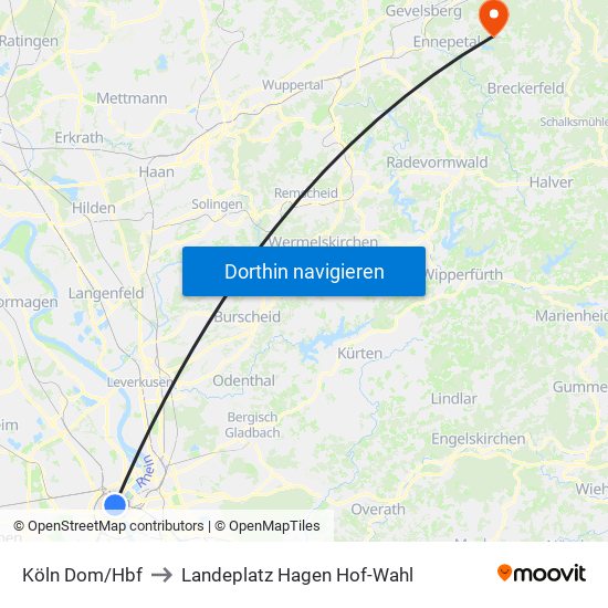 Köln Dom/Hbf to Landeplatz Hagen Hof-Wahl map