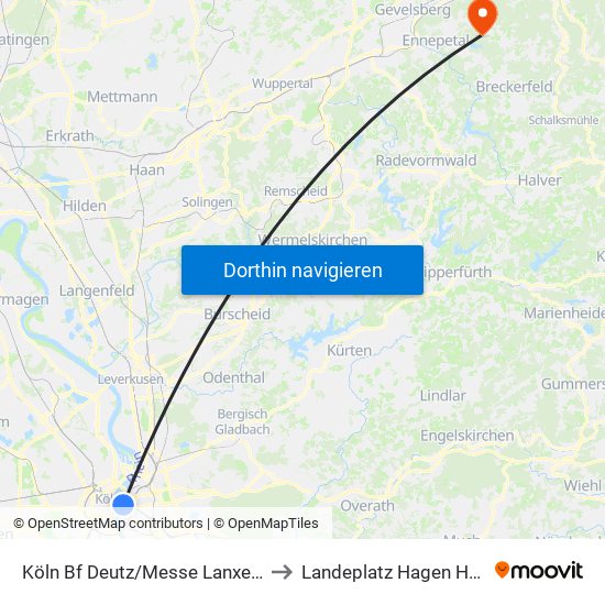 Köln Bf Deutz/Messe Lanxess Arena to Landeplatz Hagen Hof-Wahl map