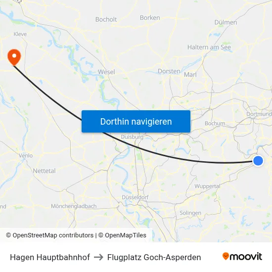 Hagen Hauptbahnhof to Flugplatz Goch-Asperden map