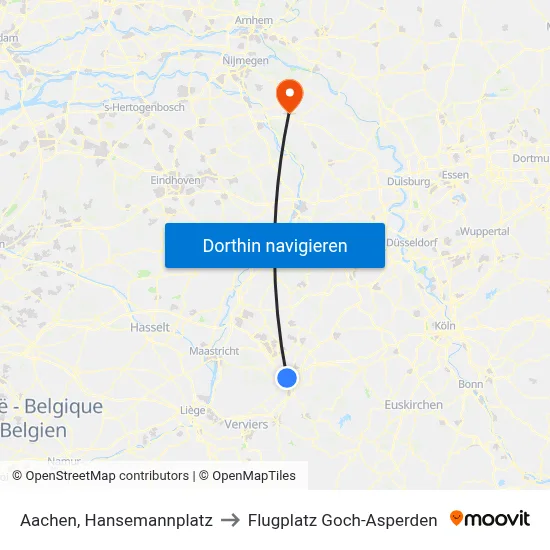 Aachen, Hansemannplatz to Flugplatz Goch-Asperden map