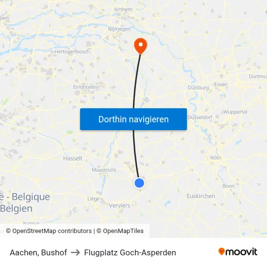 Aachen, Bushof to Flugplatz Goch-Asperden map